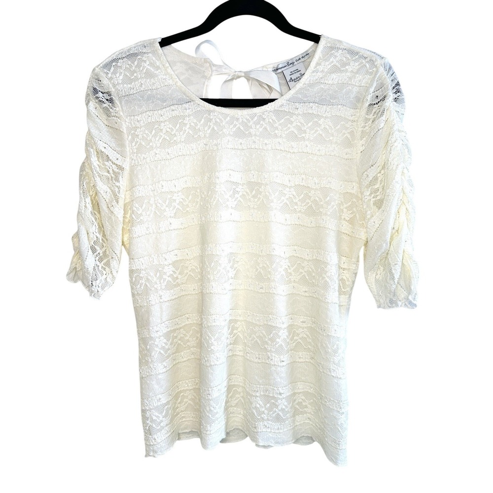 American Rag Cie Ivory Lace Top M Open Back Bow Ruched Sleeve Boho Chic Cottage